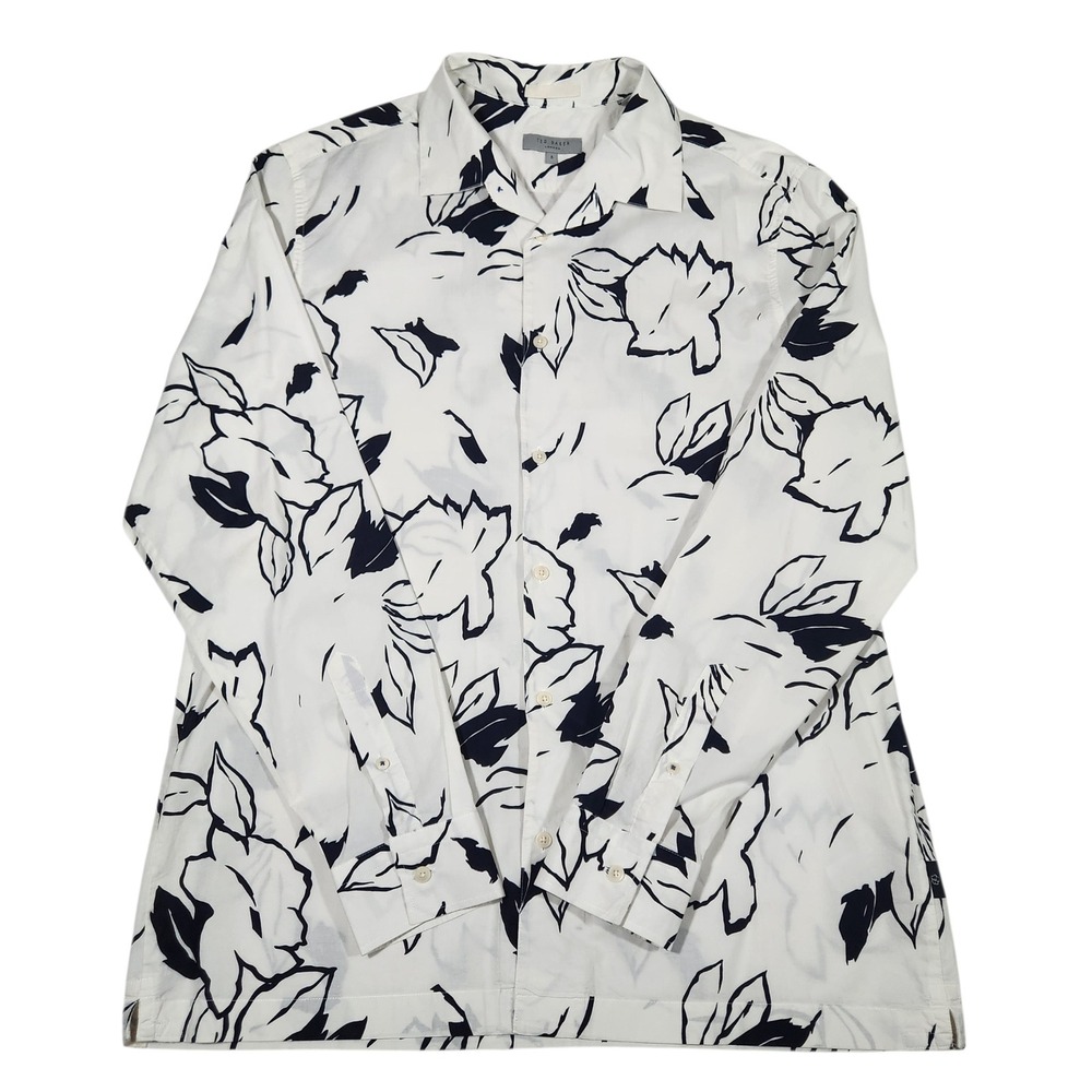 Ted Baker Floral Shirt Mens 5 XL White Black Cotton Long Sleeve Button Down